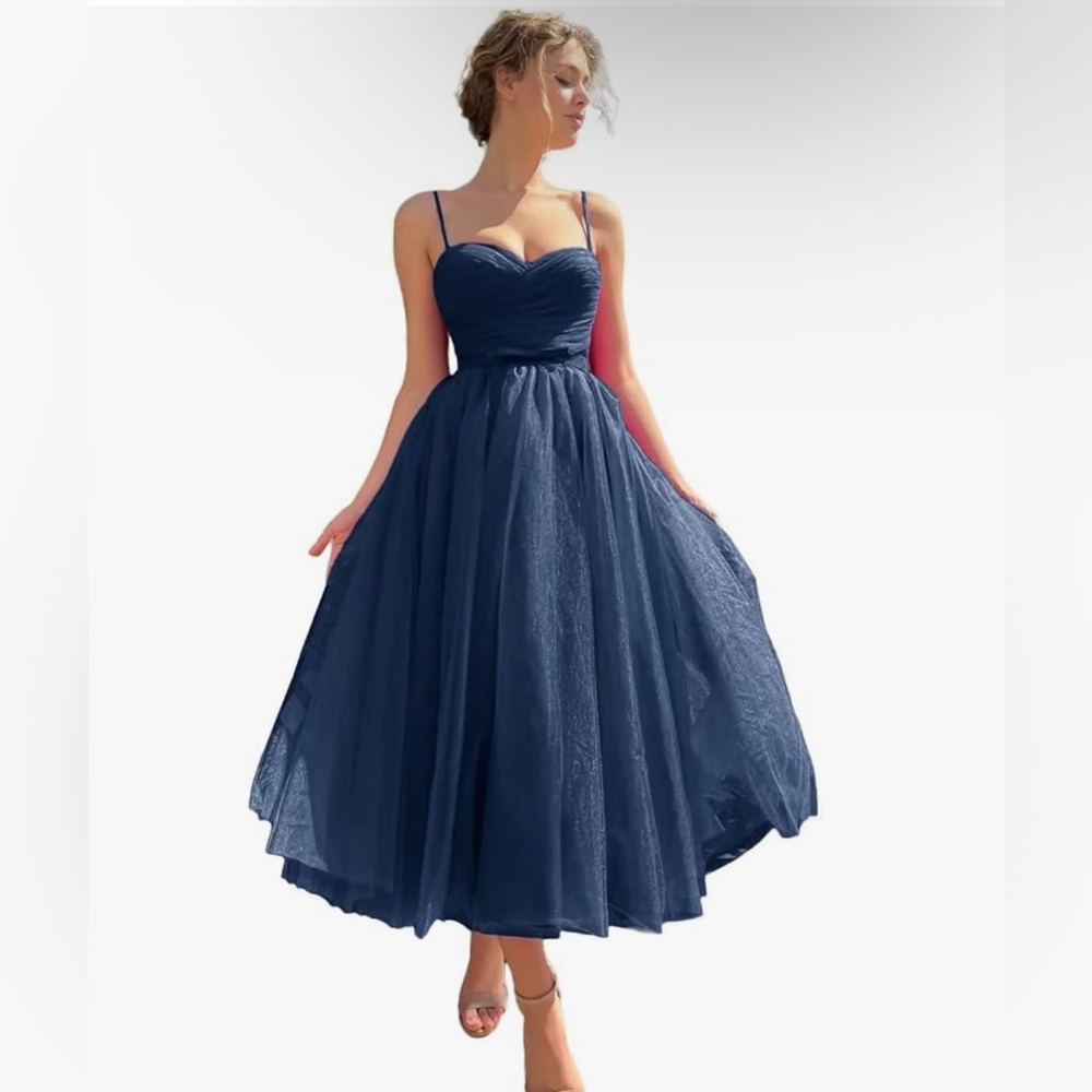 NWT Sevintage Spaghetti Straps Tulle Prom Dress Tea Length Formal  Dress Pockets